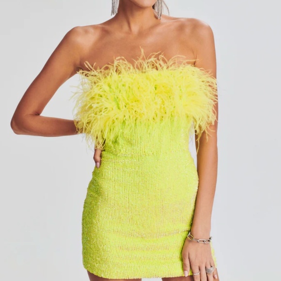 Retrofete TORIN Sequin Mini Dress Neon Yellow Feather Strapless XS - with tags - Picture 11 of 11
